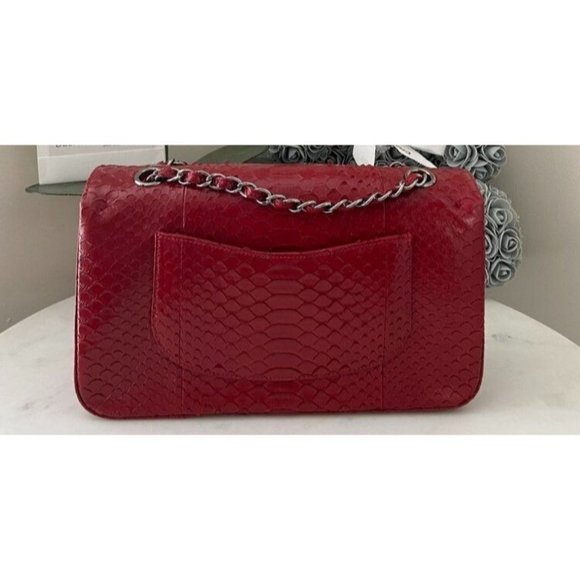 Chanel Womens Red Python Leather Classic Double Flap Jumbo Handbag - Picture 2 of 11